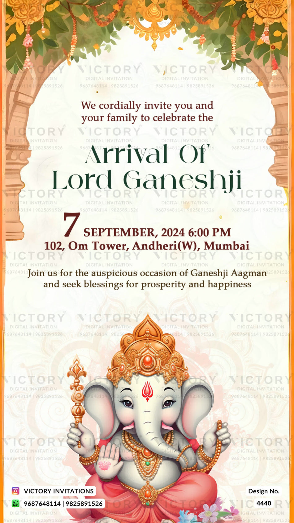 Ganesh Aagman Ceremony invitation card in english language with mandala, leaves as gate theme design 4440