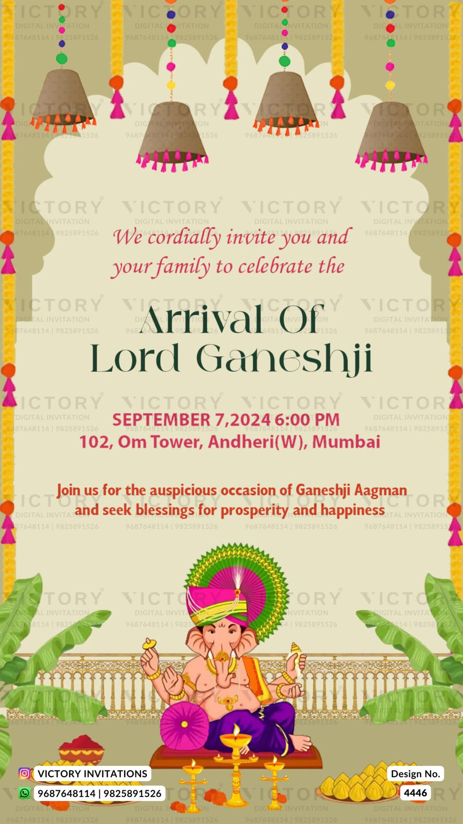 Ganesh Aagman Ceremony invitation card in english language with banana leaves, hanging, flowers as traditional theme design 4446