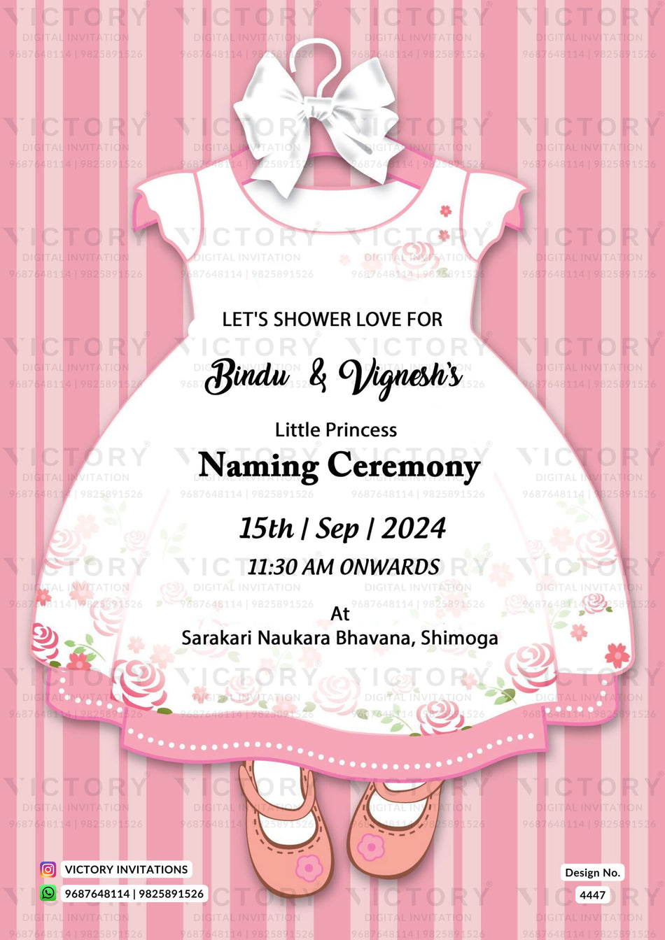 Baby Naming ceremony invitation card in english language with baw, girl shoes as minimalistic theme design 4447