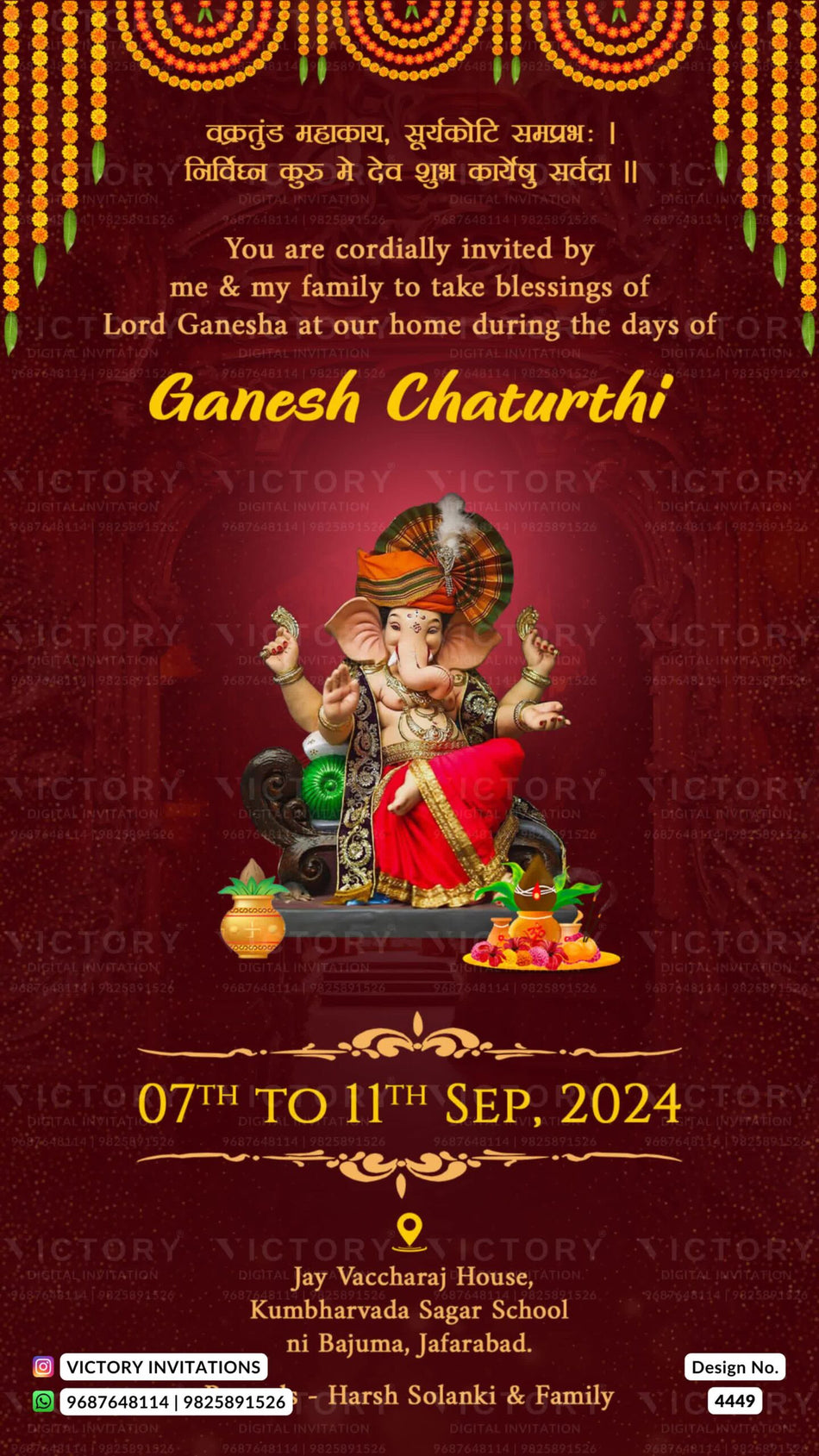 Ganesh Chaturthi Ceremony invitation card in english language with flowers as minimalistic theme design 4449