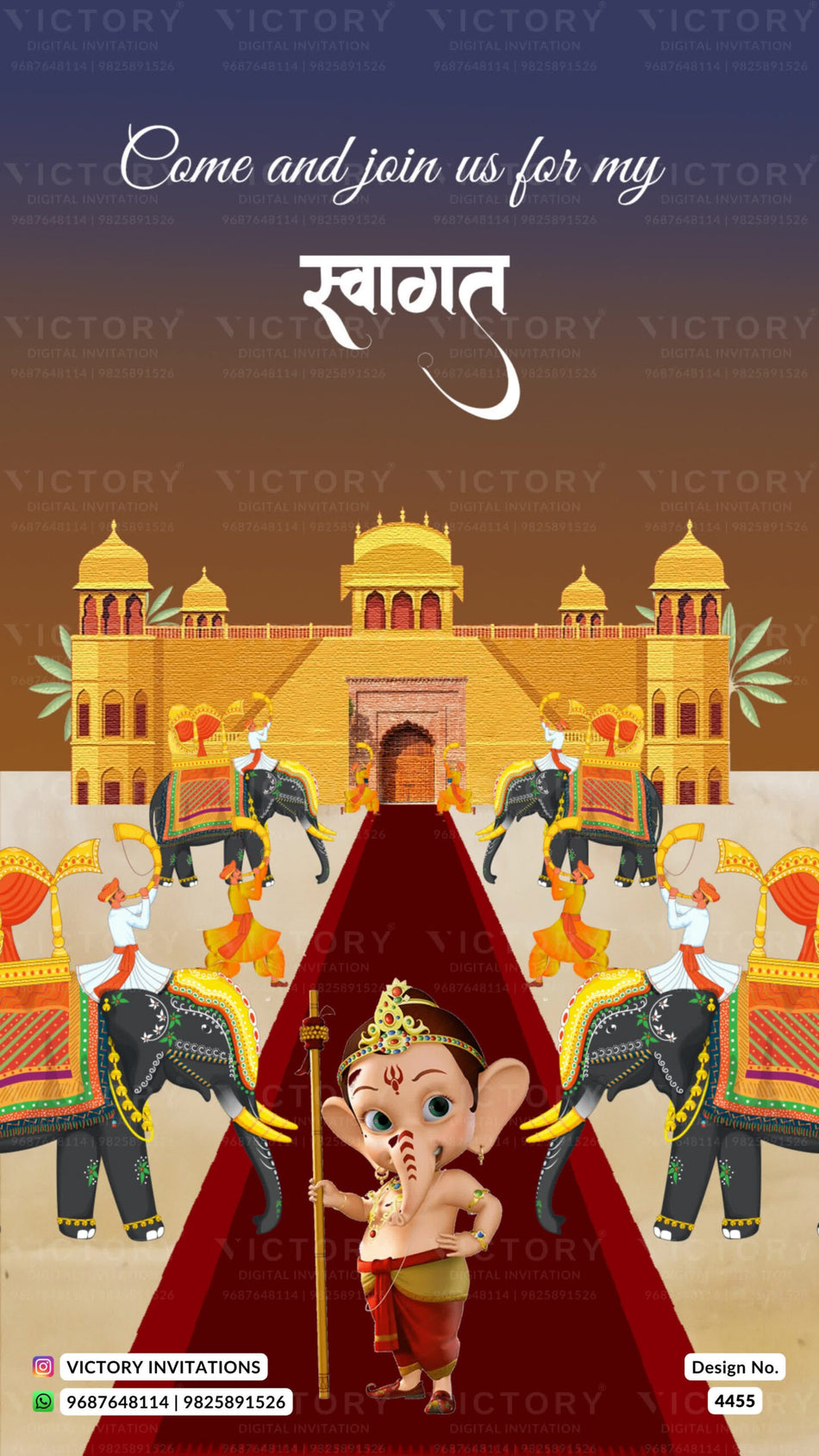 Ganesh Aagman Ceremony invitation card in english language with mahal, elephant as mountain theme design 4455