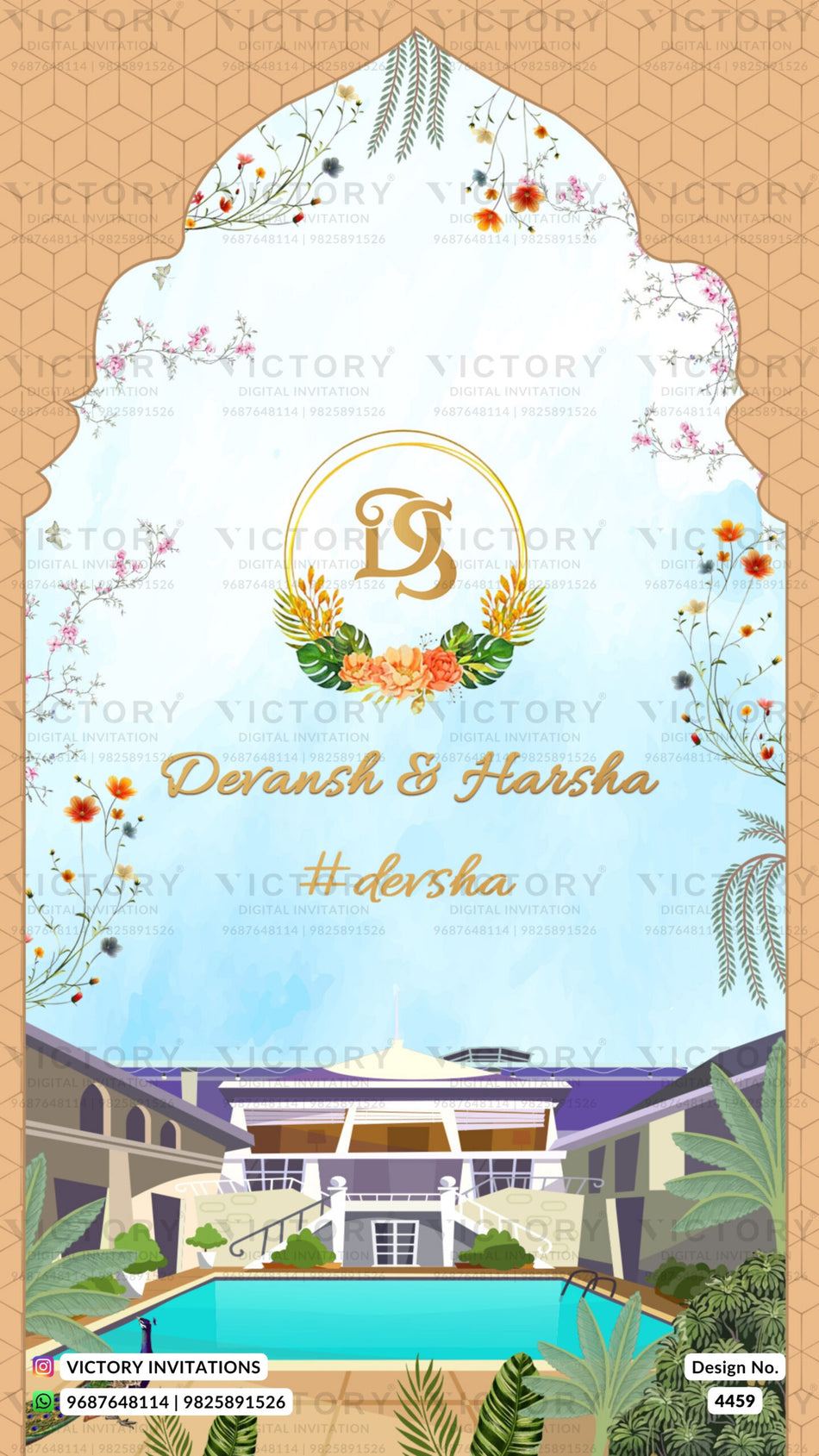 Wedding ceremony invitation card of hindu gujarati patel family in english language with royal theme design 4459