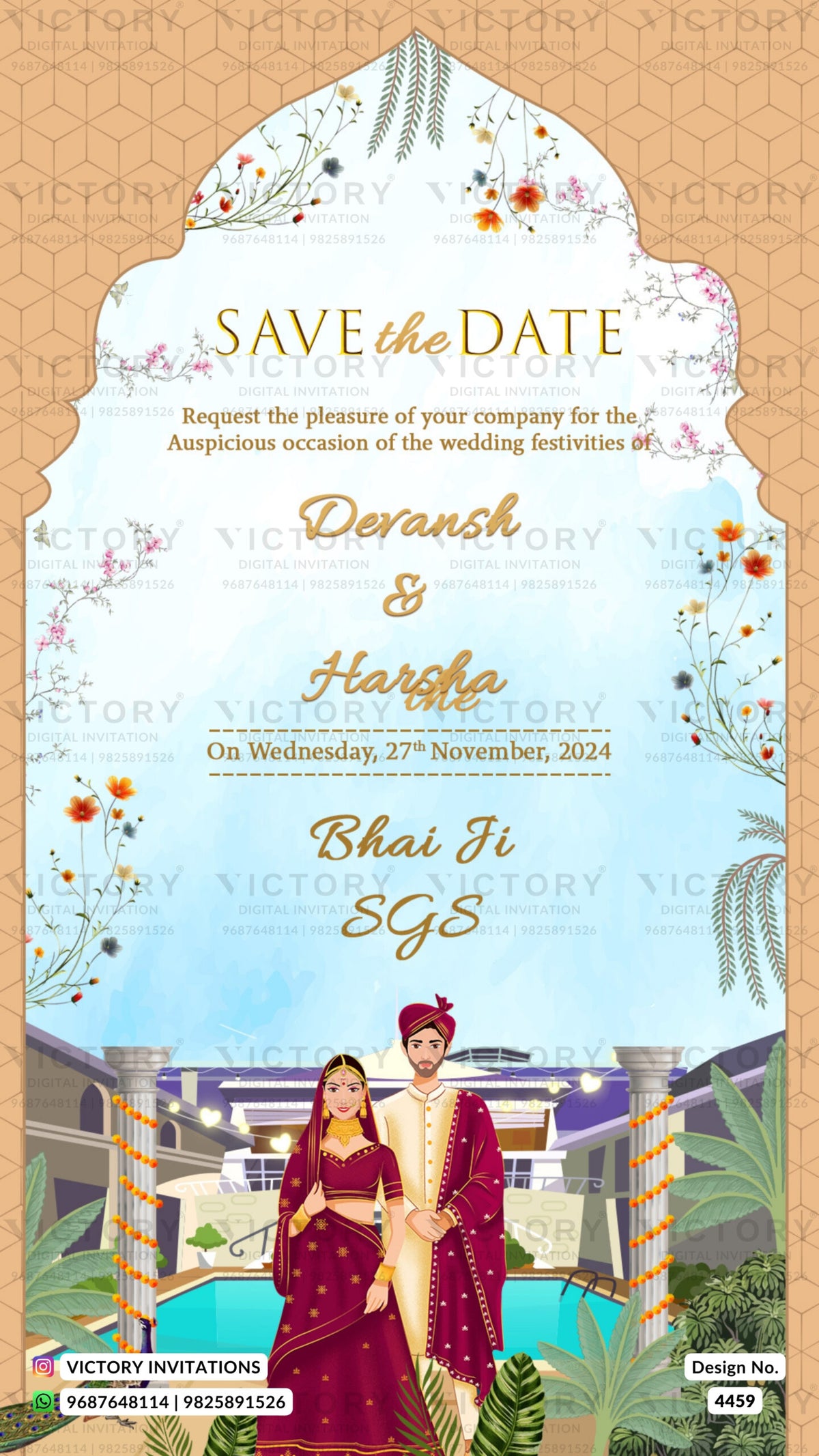 Wedding ceremony invitation card of hindu gujarati patel family in english language with royal theme design 4459