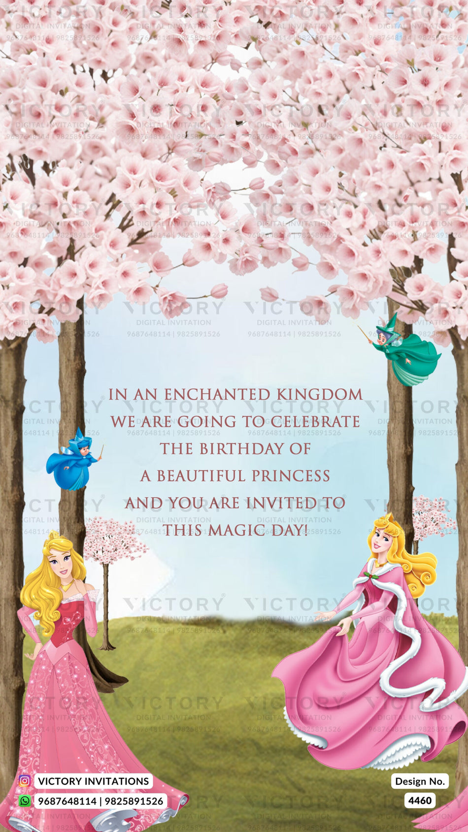 Birthday party invitation card for girl in english language with barbie, mahal as floral theme design 4460