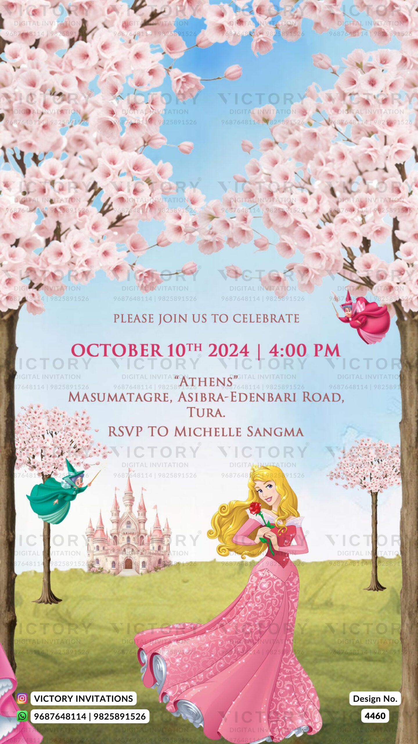 Birthday party invitation card for girl in english language with barbie, mahal as floral theme design 4460