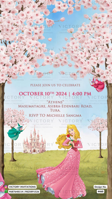 Birthday party invitation card for girl in english language with barbie, mahal as floral theme design 4460