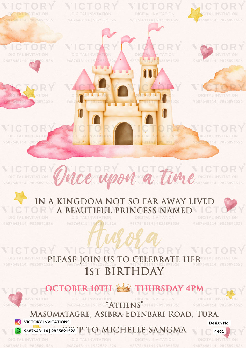 Birthday party invitation card for girl in english language with cloud, mahal as minimalistic theme design 4461