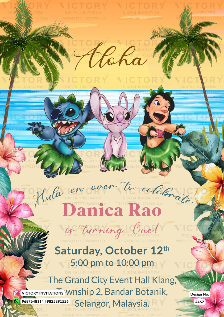 Birthday party invitation card for girl and boy in english language with flowers, cartoon as beach theme design 4462