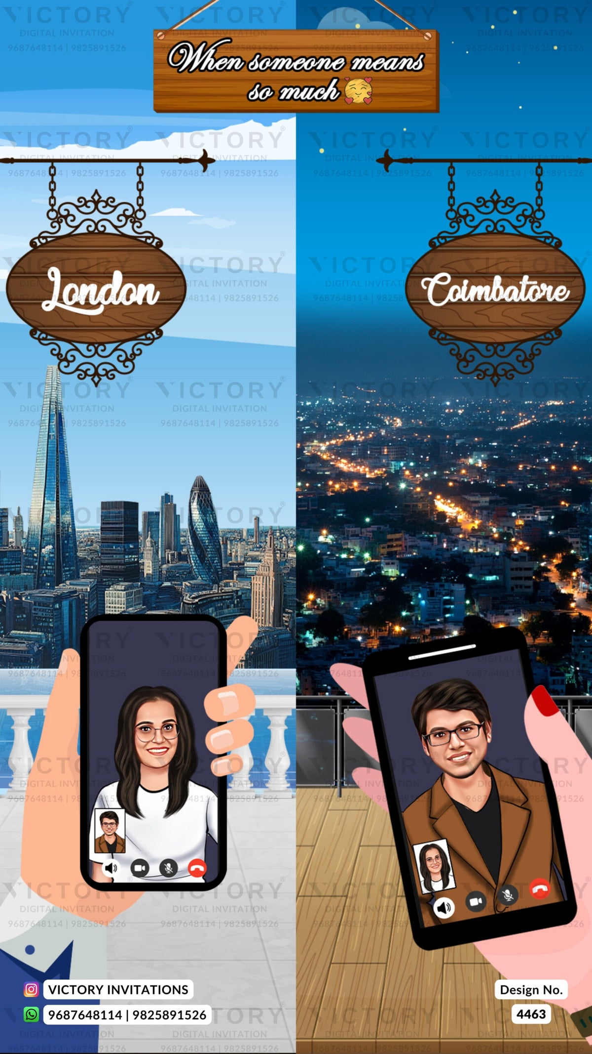 Sitting couple caricature invitation card for wedding ceremony of south indian tamil family in english language with city view theme design 4463
