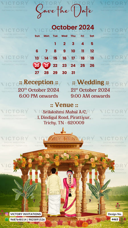 Sitting couple caricature invitation card for wedding ceremony of south indian tamil family in english language with city view theme design 4463
