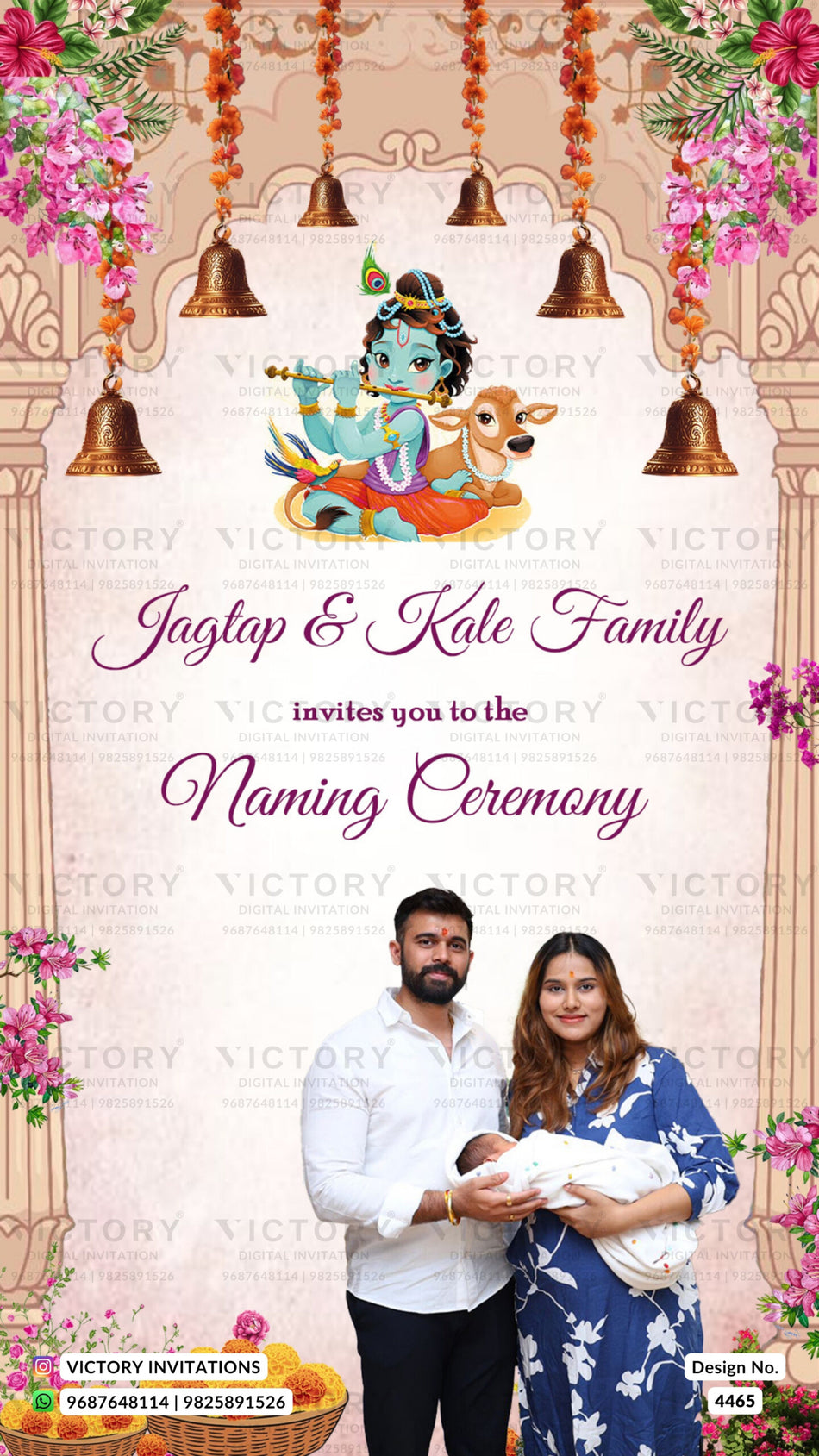 Baby Naming ceremony invitation card in english language with bells, flowers as gate theme design 4465