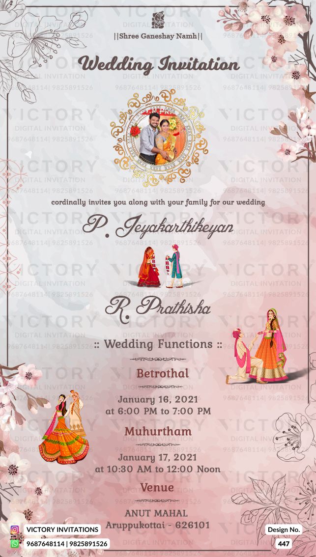 Wedding ceremony invitation card of hindu south indian tamil family in english language with Floral theme design 447