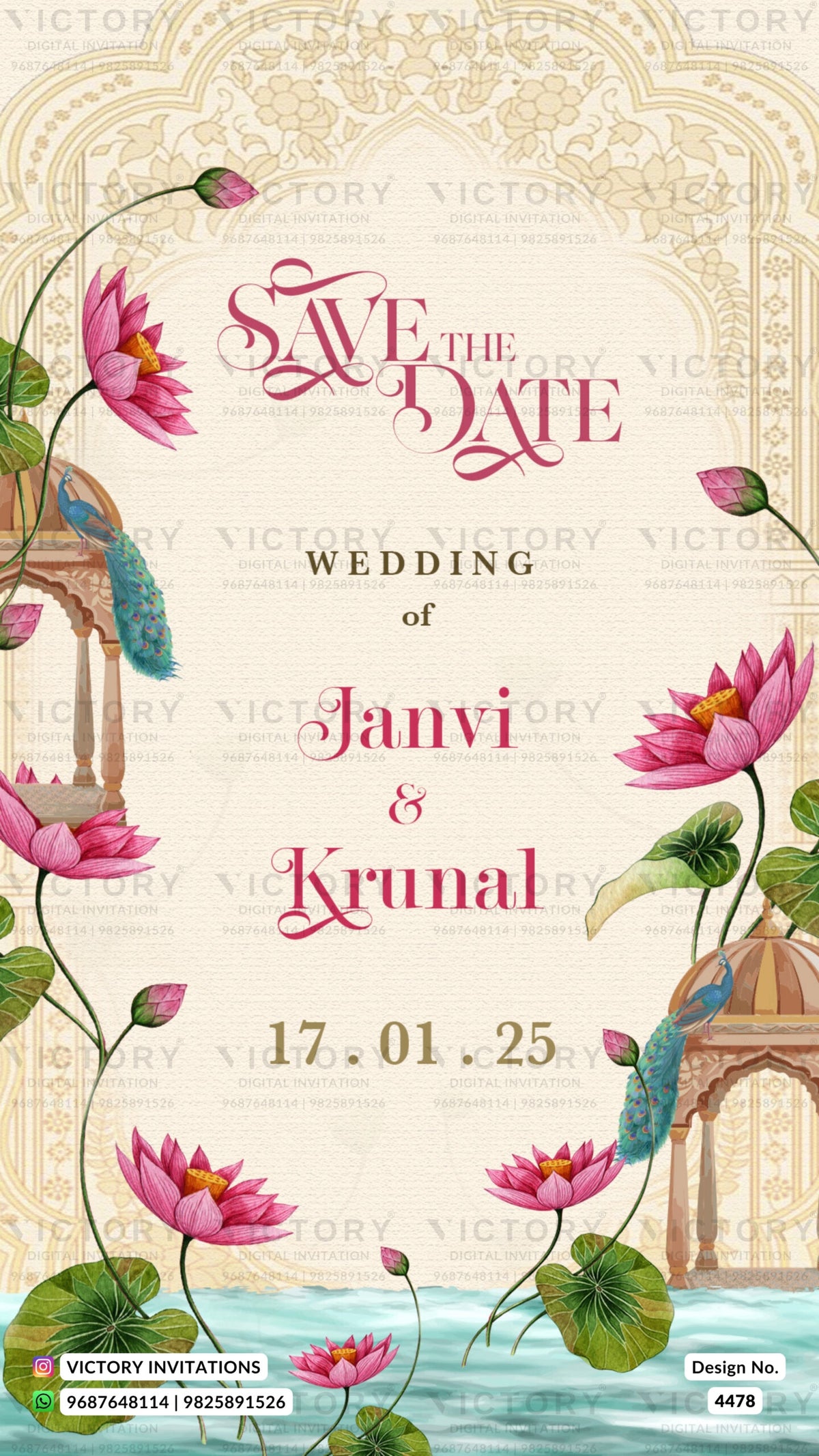 Save the Date card in english language with lotus, peacock as floral theme design 4478