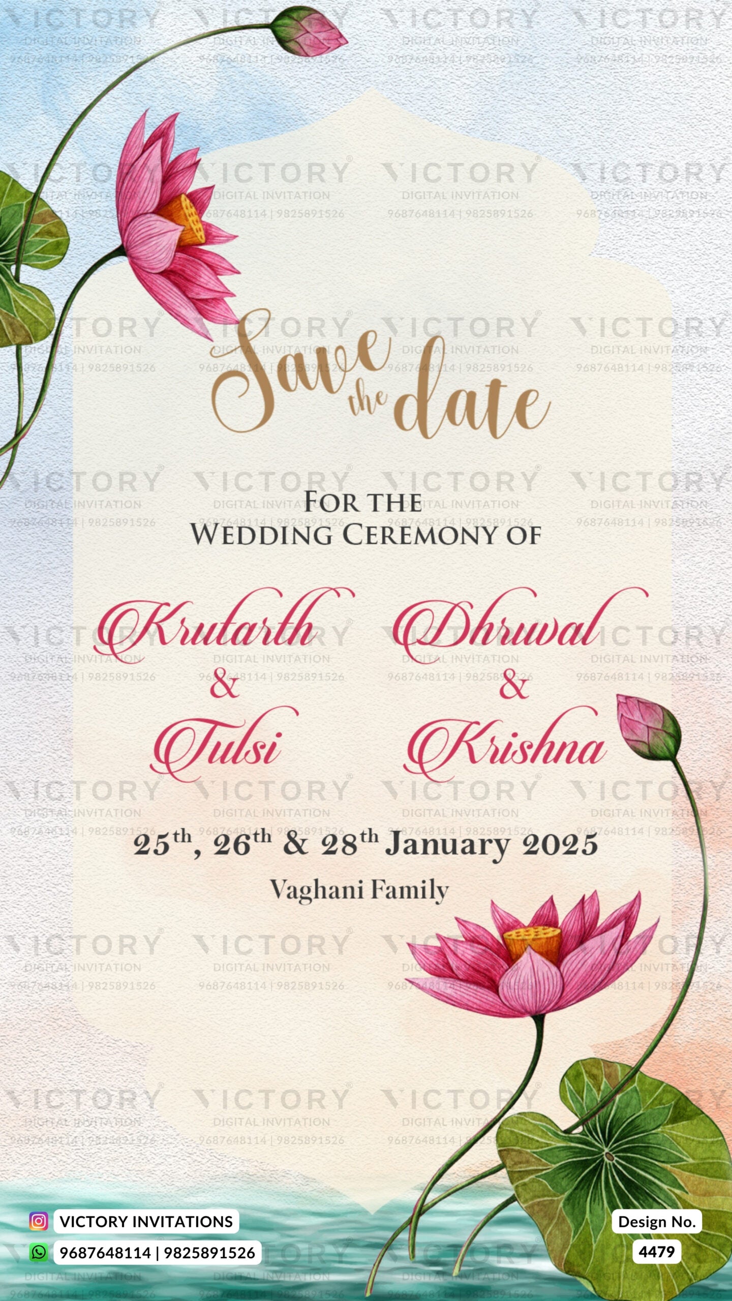 Save the Date card in english language with lotus, leaves as arch theme design 4479