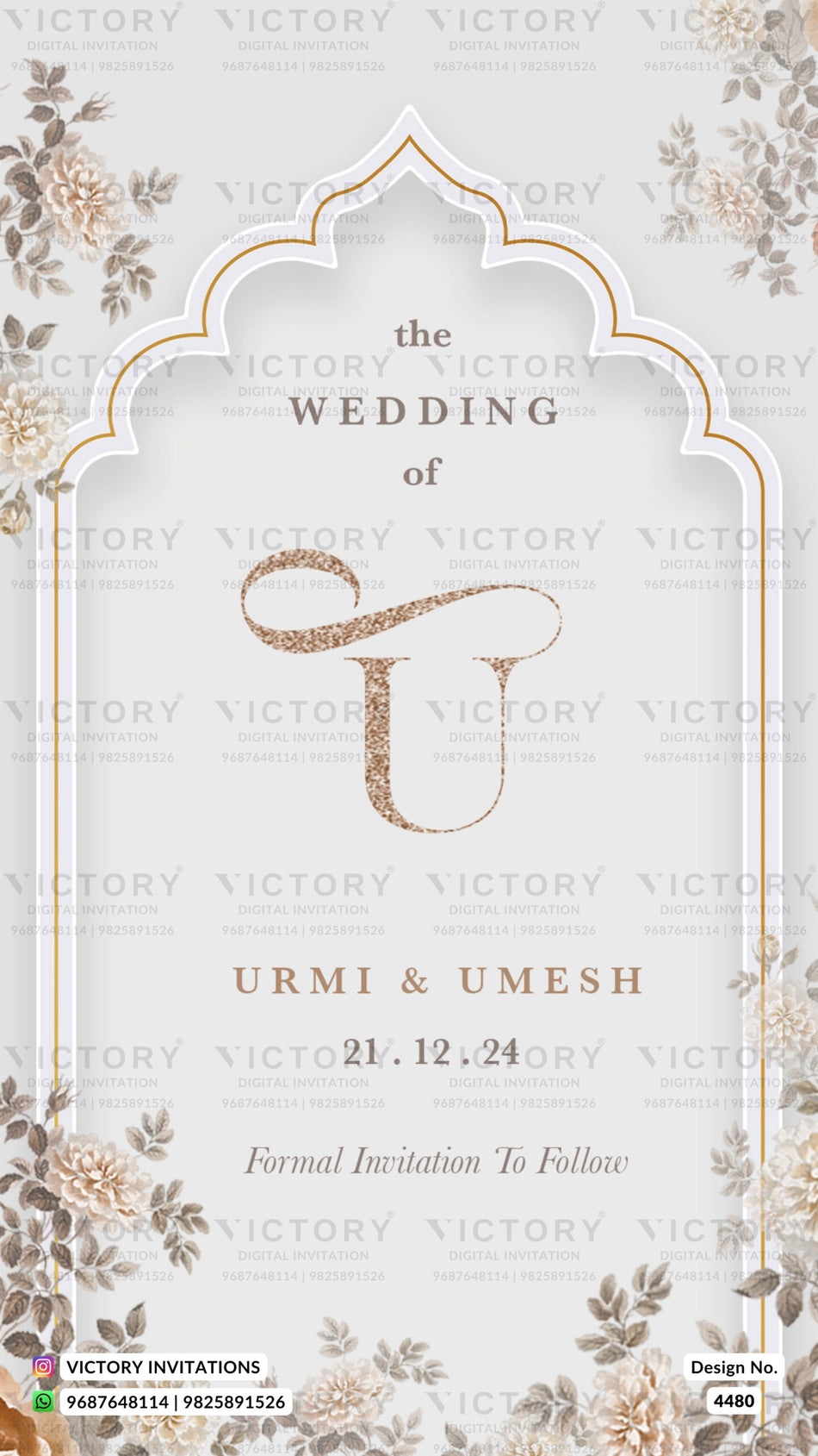 Save the Date card in english language with flowers, leaves as arch theme design 4480
