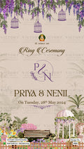 Engagement ceremony card in Gujarati language with flowers, cages, leaves, rings, bench, fence, god image as floral theme design 4483