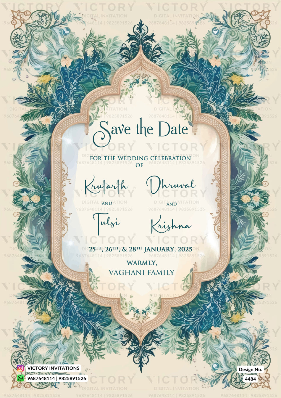 Save the Date card in english language with leaves as arch theme design 4484