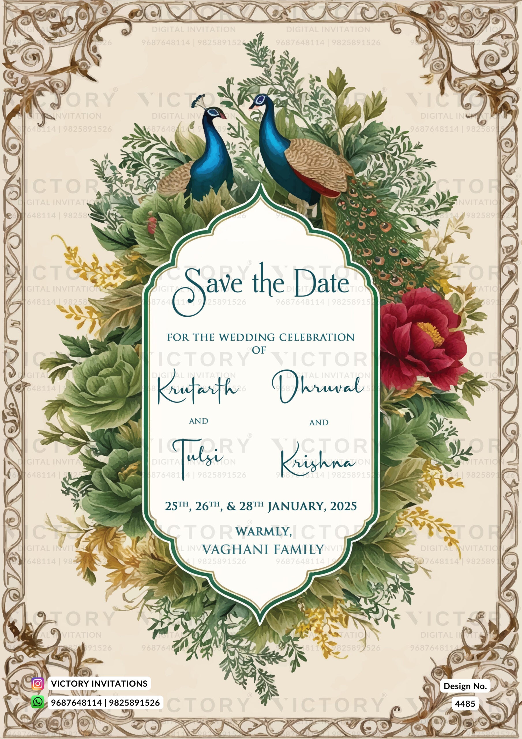 Save the Date card in english language with flowers, leaves,peacock, frame as arch theme design 4485