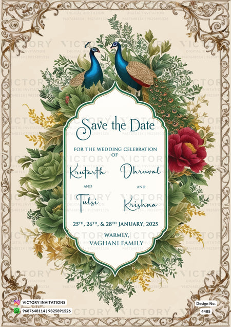 Save the Date card in english language with flowers, leaves,peacock, frame as arch theme design 4485