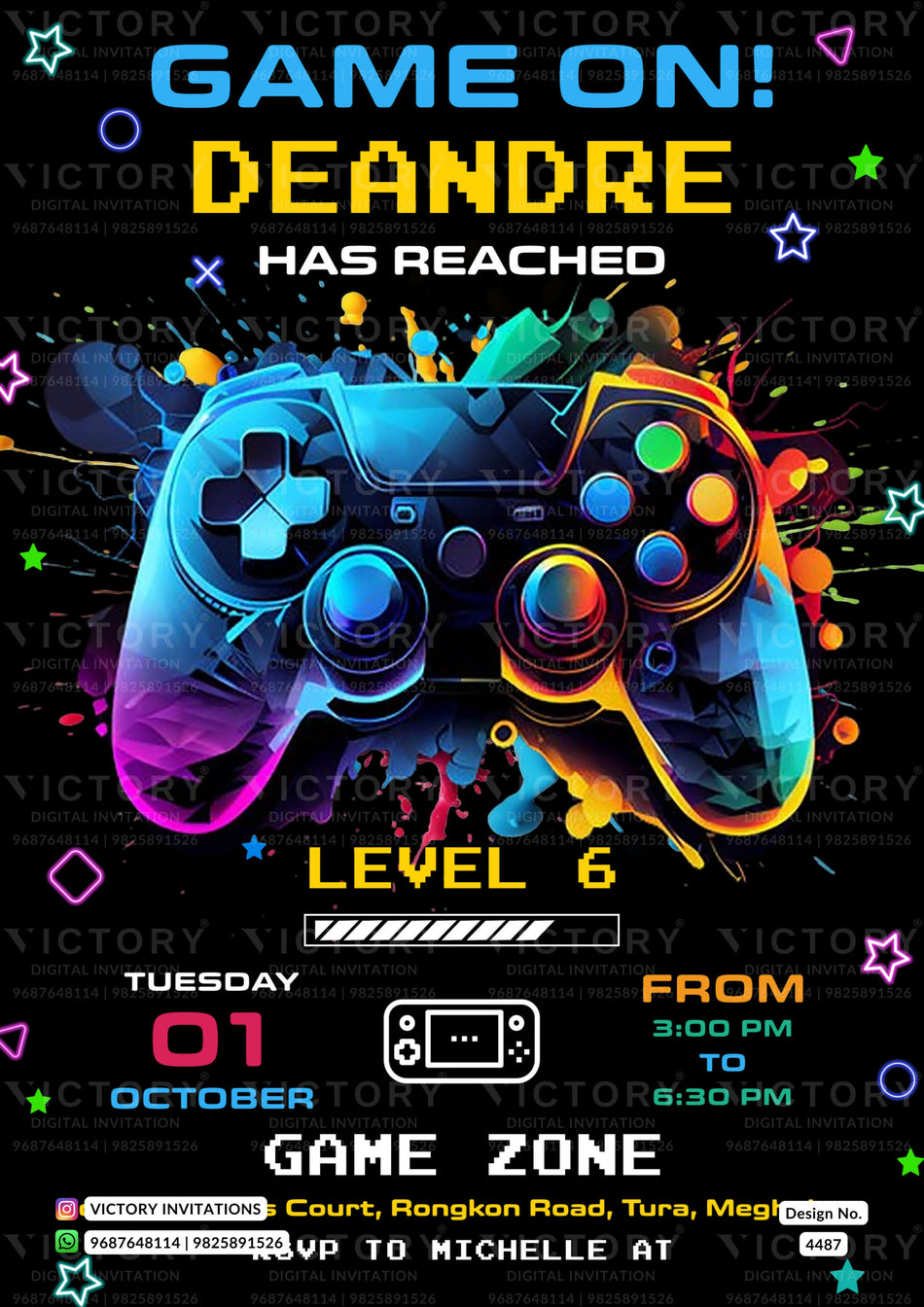 Birthday party invitation card in english language with video game, colorfull stars as playfull theme design 4487