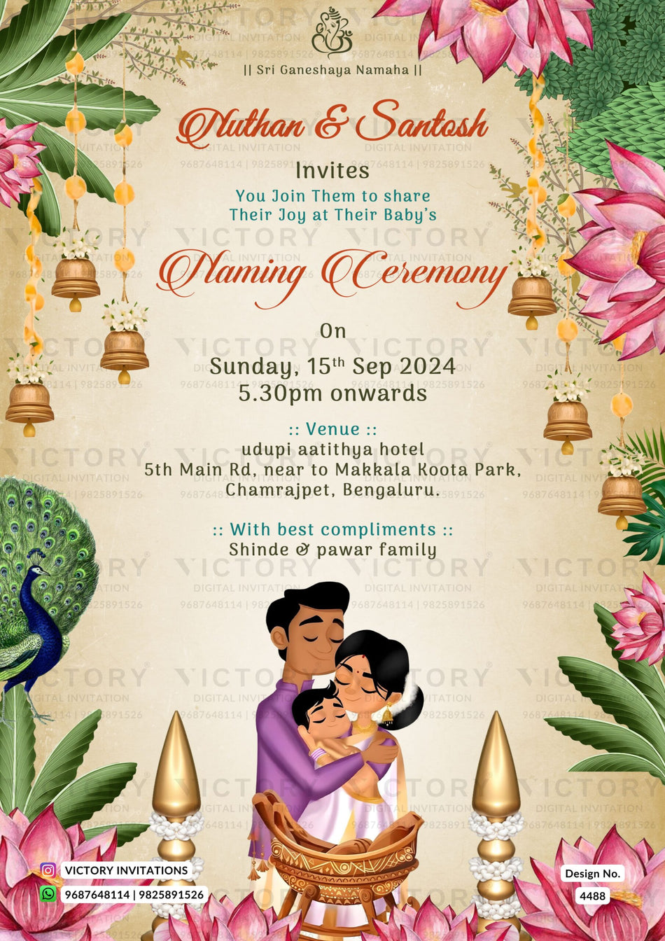 Naming Ceremony invitation card in english language with lotus,cradle,doodle, leaves, bells,peacock, as floral theme design 4488