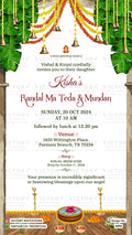 Randal na teda &amp; Mundan invitation card in english language with leaves, bells, god image, gate,flor,diya,garlands,pots as arch theme design 4490