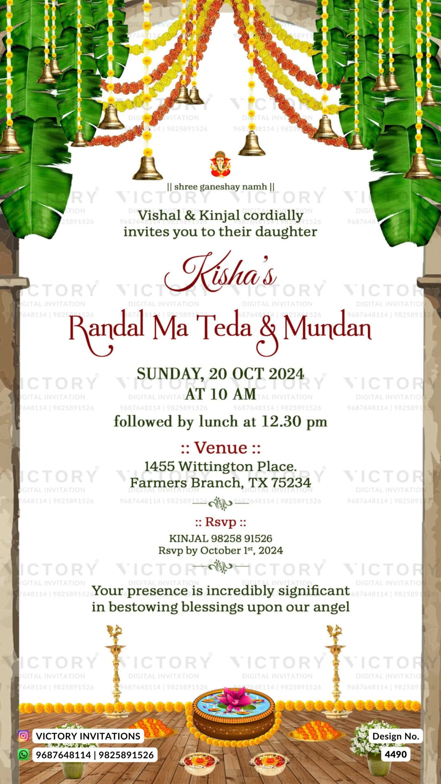 Randal na teda & Mundan invitation card in english language with leaves, bells, god image, gate,flor,diya,garlands,pots as arch theme design 4490