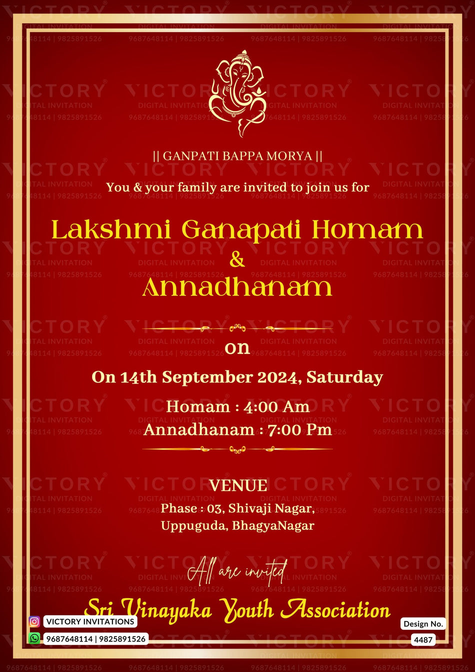 Ganapati Homam Ceremony invitation card in english language with ganesh icon as minimalistic theme design 4491
