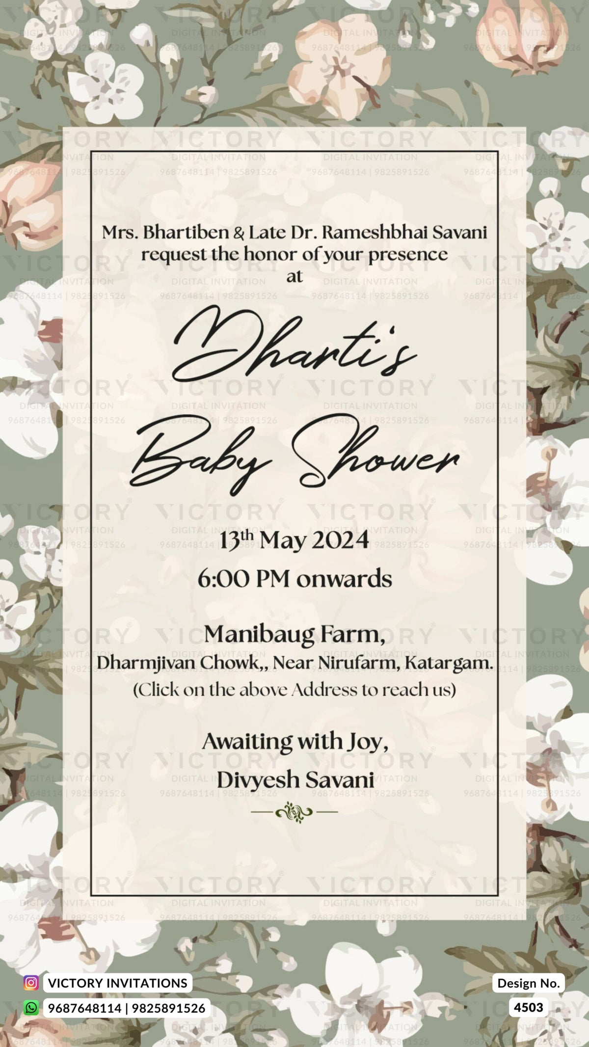 Simant vidhi Baby Shower ceremony invitation card in English language with leaves as floral theme design 4503