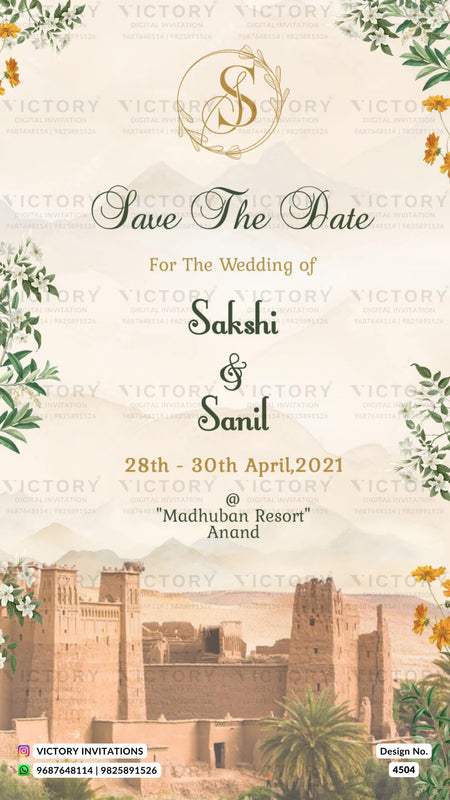 Save the Date card in english language with mahal, leaves as vintage theme design 4504