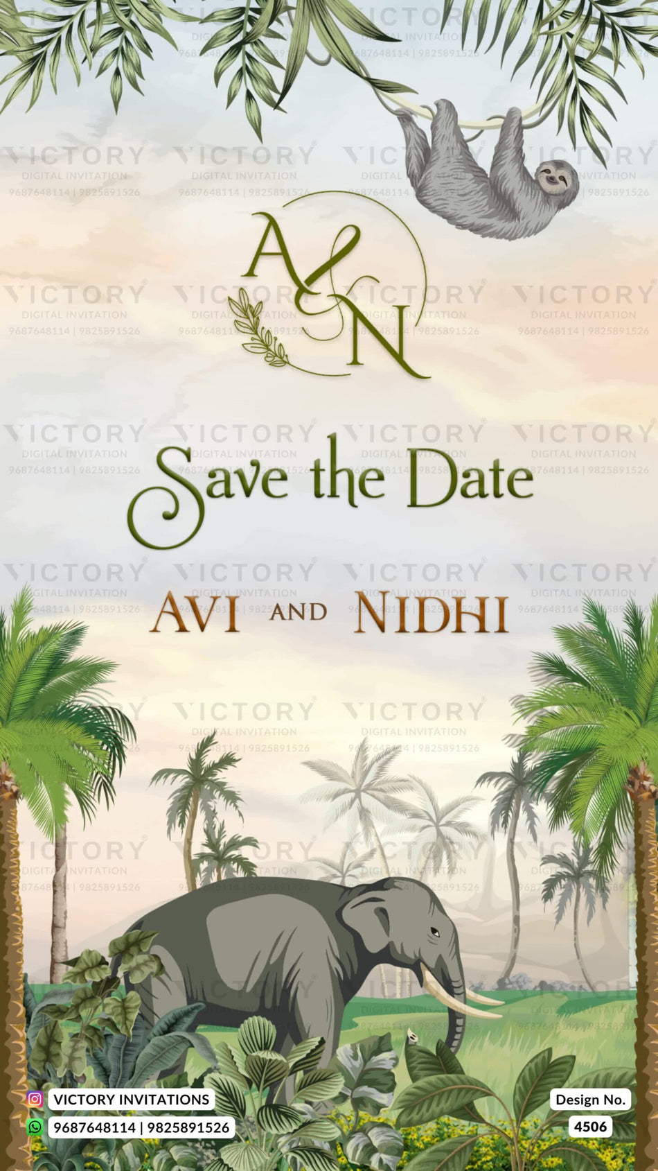 Save the Date card in english language with animals, leaves as forest theme design 4506
