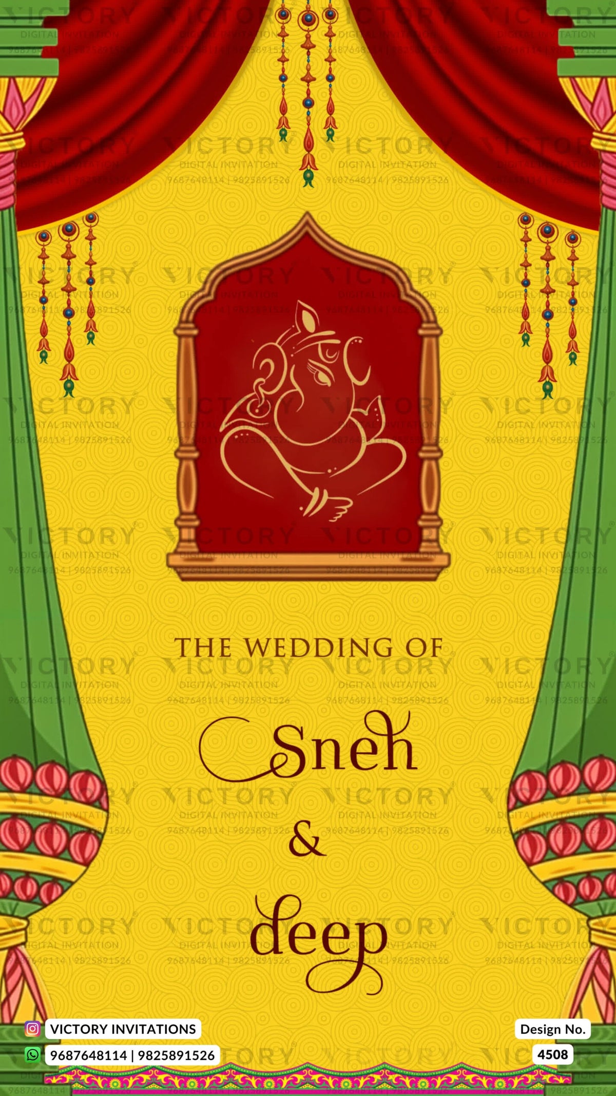 Wedding ceremony invitation card of hindu south indian telugu family in english language with traditional theme design 4508