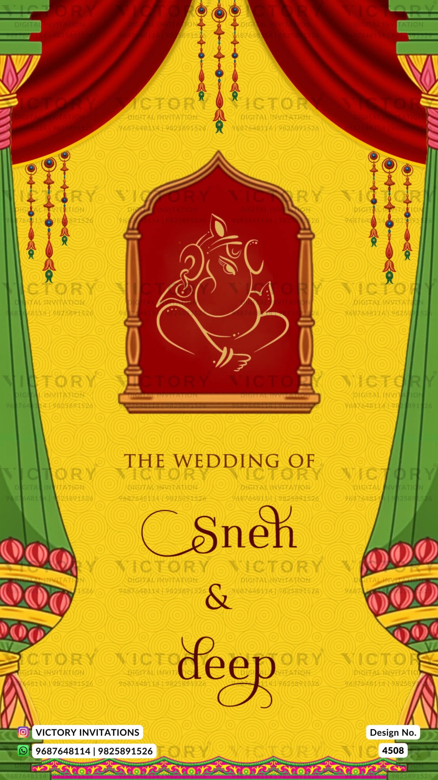 Wedding ceremony invitation card of hindu south indian telugu family in english language with traditional theme design 4508