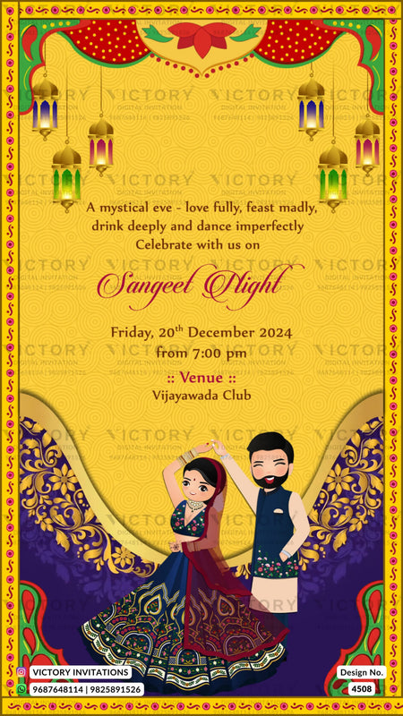 Wedding ceremony invitation card of hindu south indian telugu family in english language with traditional theme design 4508