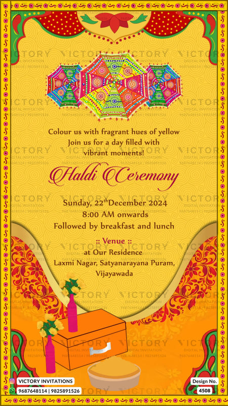 Wedding ceremony invitation card of hindu south indian telugu family in english language with traditional theme design 4508
