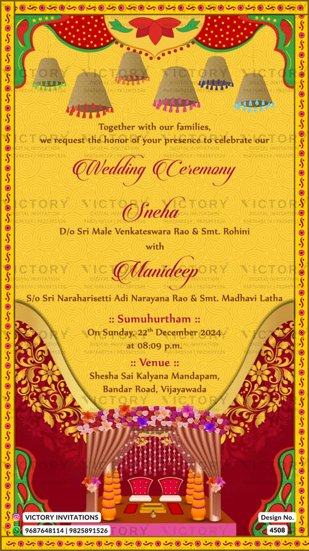 Wedding ceremony invitation card of hindu south indian telugu family in english language with traditional theme design 4508
