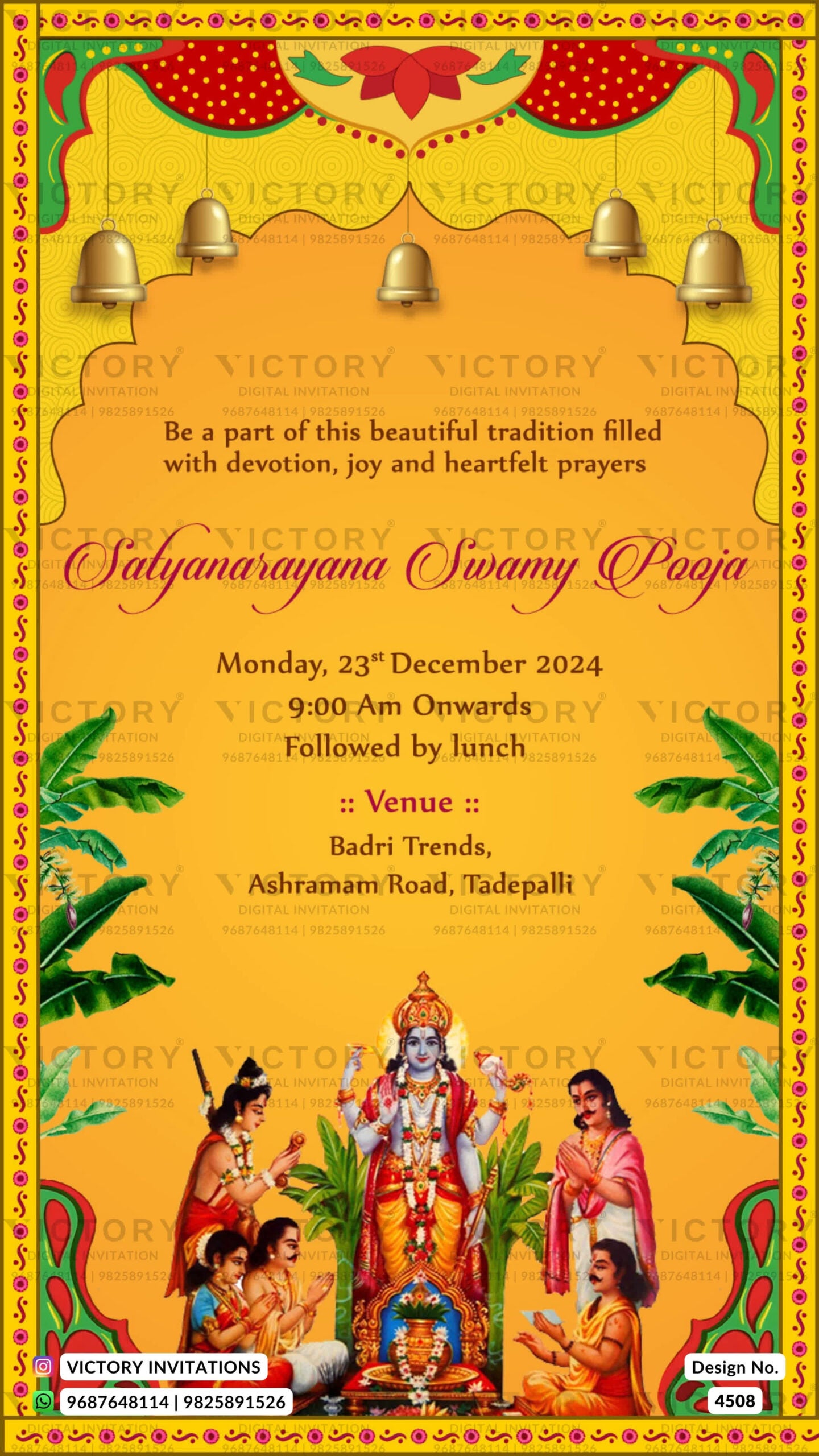 Wedding ceremony invitation card of hindu south indian telugu family in english language with traditional theme design 4508