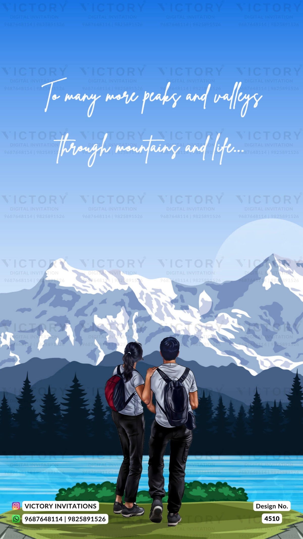 Save the Date card in english language with couple doodle as mountain theme design 4510