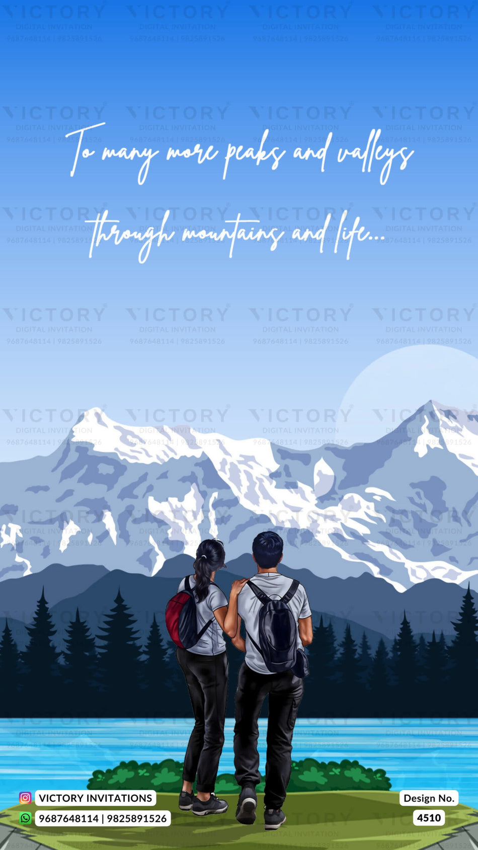 Save the Date card in english language with couple doodle as mountain theme design 4510