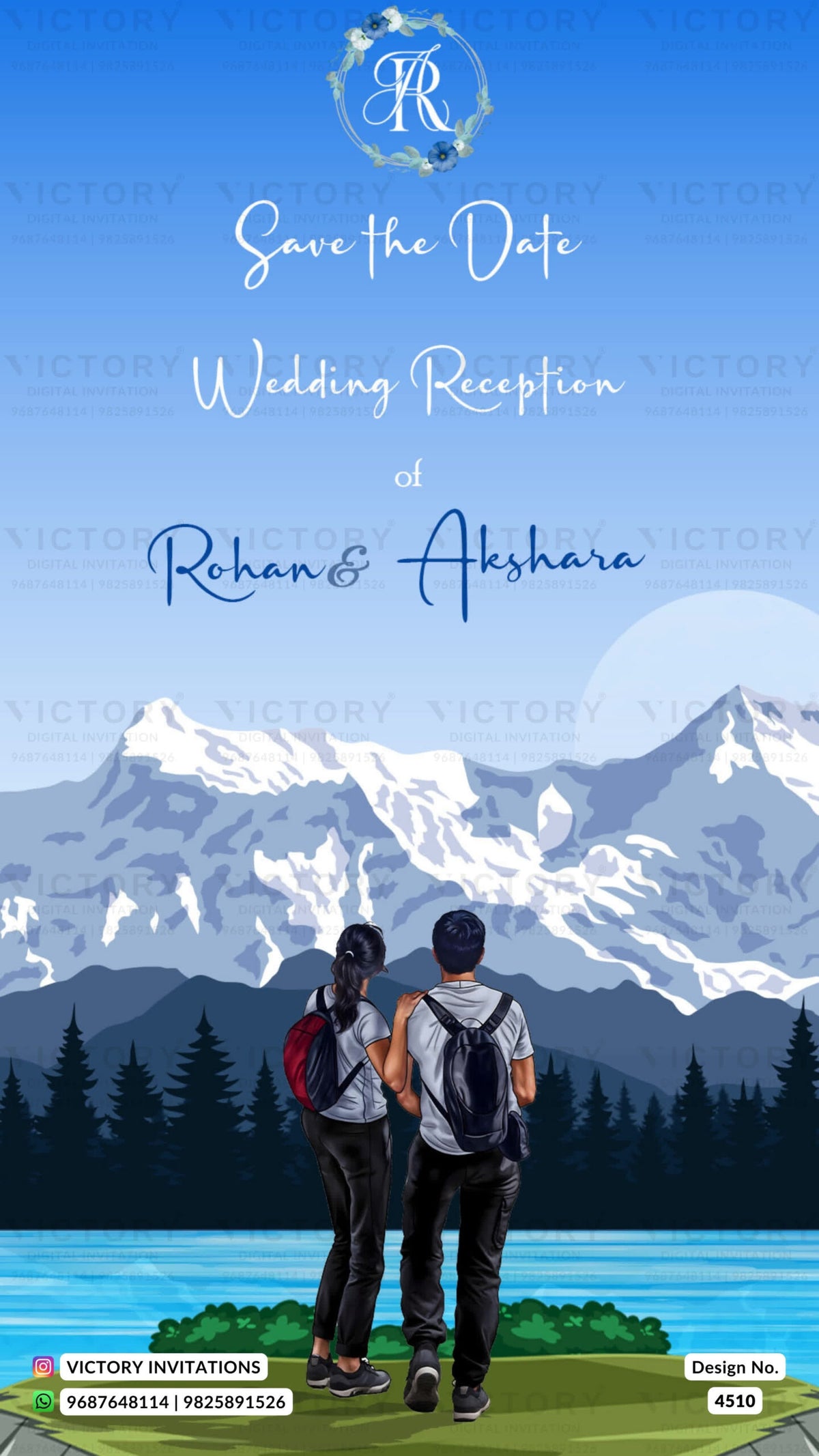 Save the Date card in english language with couple doodle as mountain theme design 4510