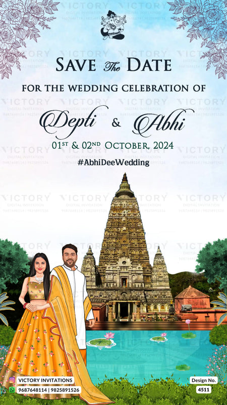 Traditional couple caricature invitation card for Save the Date in English language with tree, flower as temple theme design 4511