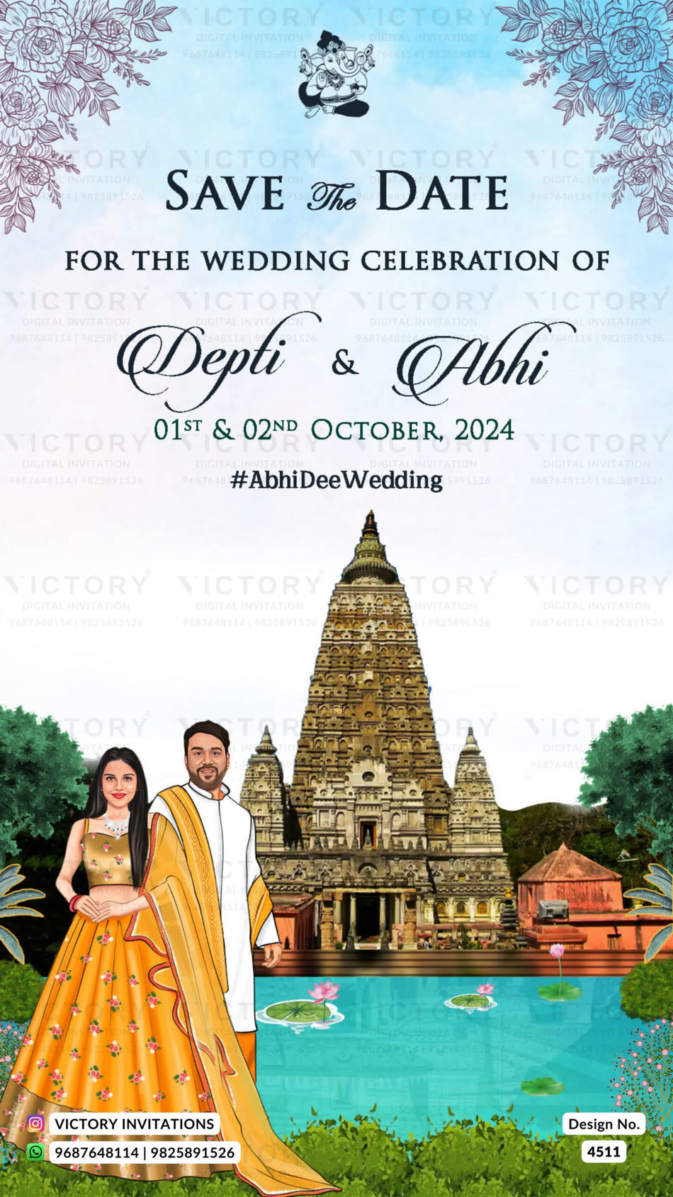 Traditional couple caricature invitation card for Save the Date in English language with tree, flower as temple theme design 4511