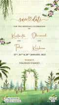 Save the Date card in english language with tree, flowers as garden theme design 4520