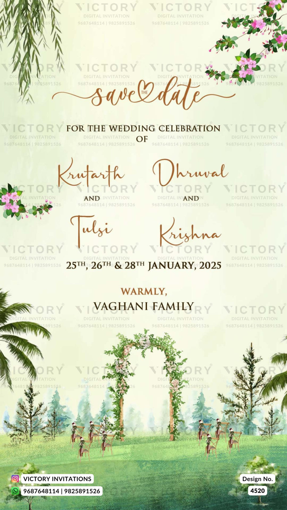 Save the Date card in english language with tree, flowers as garden theme design 4520