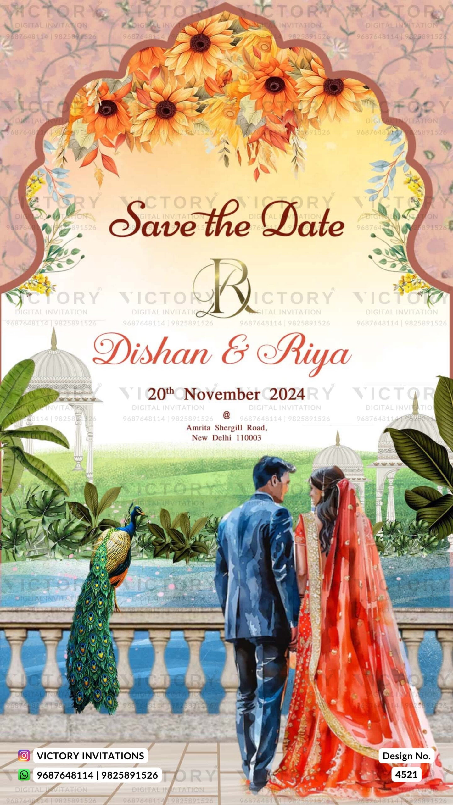 Save the Date card in english language with fence, peacock as arch theme design 4521