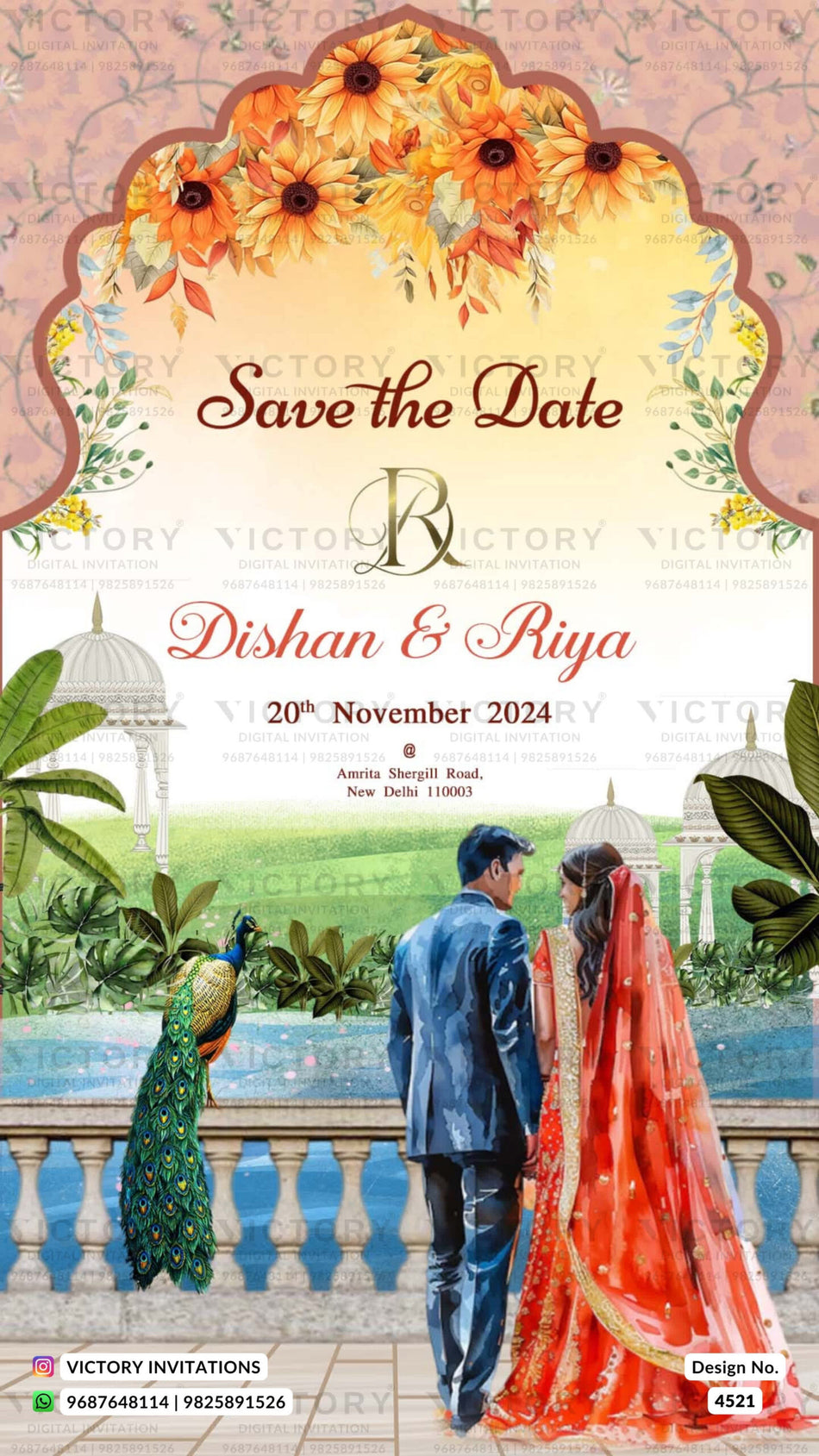Save the Date card in english language with fence, peacock as arch theme design 4521