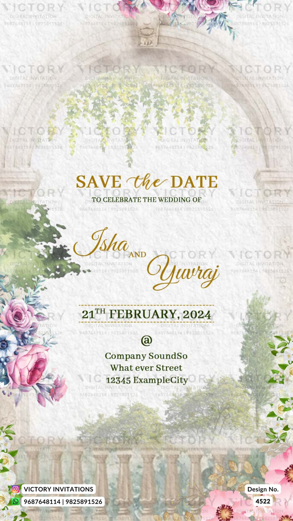 Save the Date card in english language with flowers, fence as gate theme design 4522