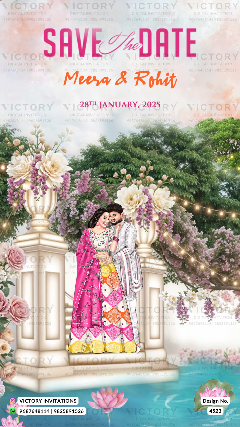 Romantic couple caricature invitation card for Save the Date in English language with flowers, gate as royal theme design 4523