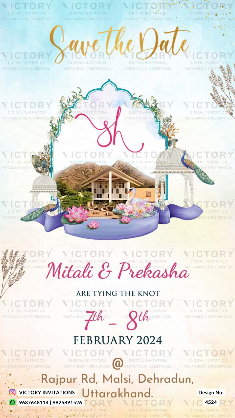 Save the Date card in english language with peacock, house as minimalistic theme design 4524