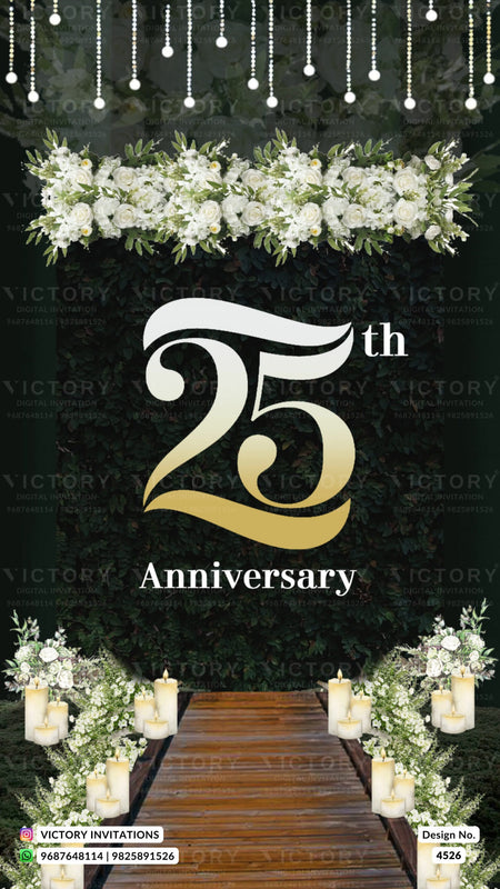 Romantic couple caricature invitation card for 25th Wedding Anniversary in English language with couple photo, flowers as Garden theme design 4526